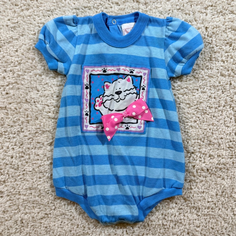 Vintage Buster Brown Blue Striped Cat Bubble Romper 6-9M Made in USA 90s